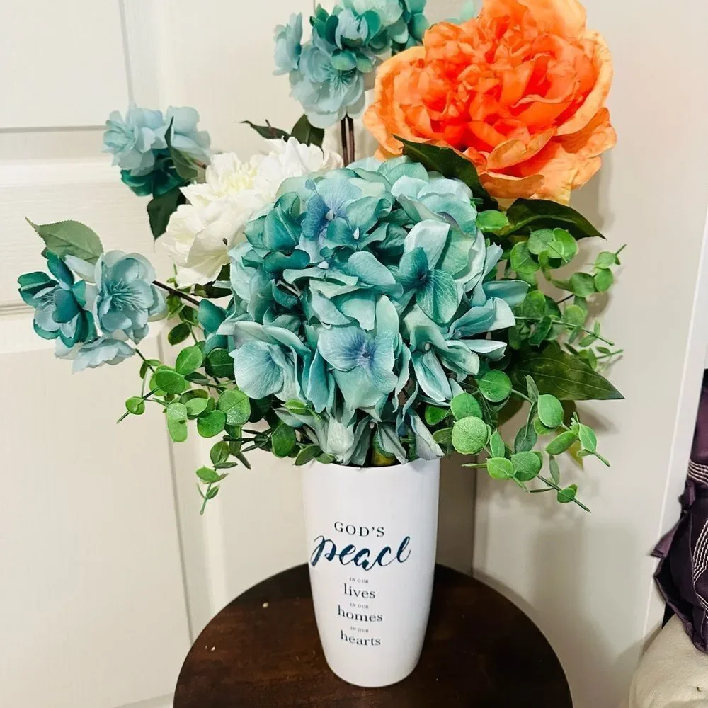 Summer Flower Arrangement Teal Orange Eucalyptus Floral Stems